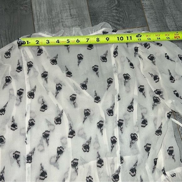 Rebecca Taylor Boho 100% Silk Chiffon Ruffle Ivory Black Floral Peasant Top S - Picture 14 of 16